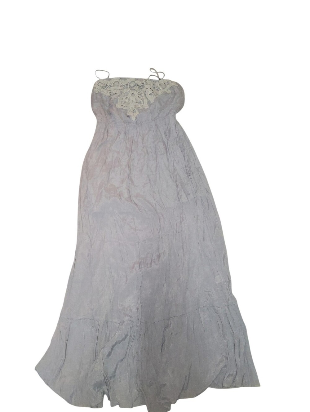 LC Lauren Taupe Gray Strapless Crochet Lace Yoke Bodice Crinkled Maxi Dress L